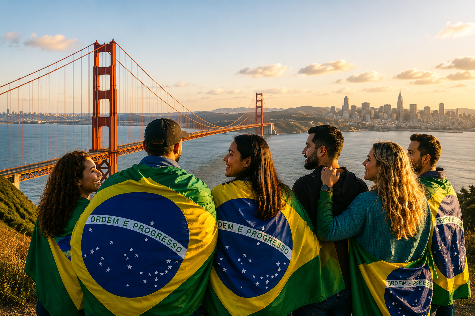 Grupo de brasileiros com a bandeira do Brasil observando a Golden Gate Bridge em São Francisco
