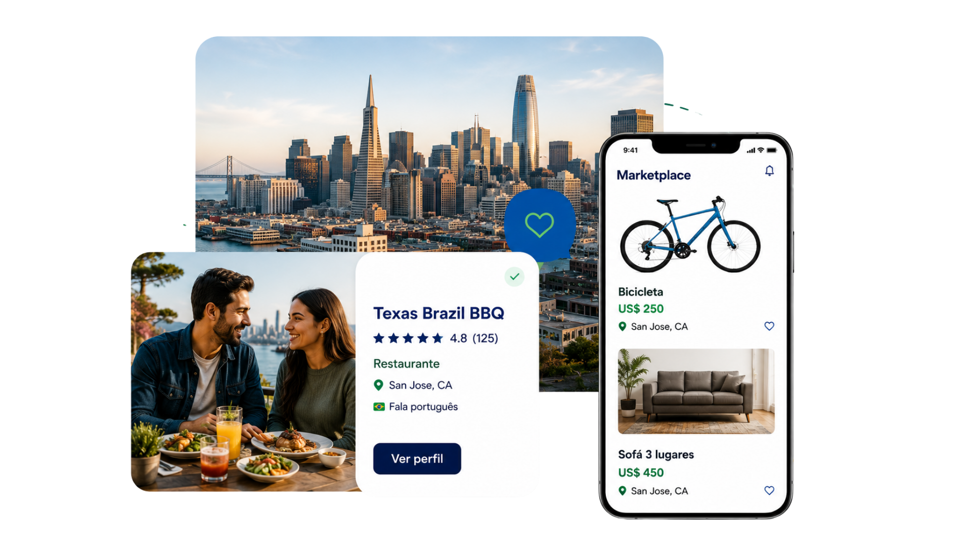 Mockup mostrando o perfil do Texas Brazil BBQ e produtos do Marketplace no app Conecta Brazil Now